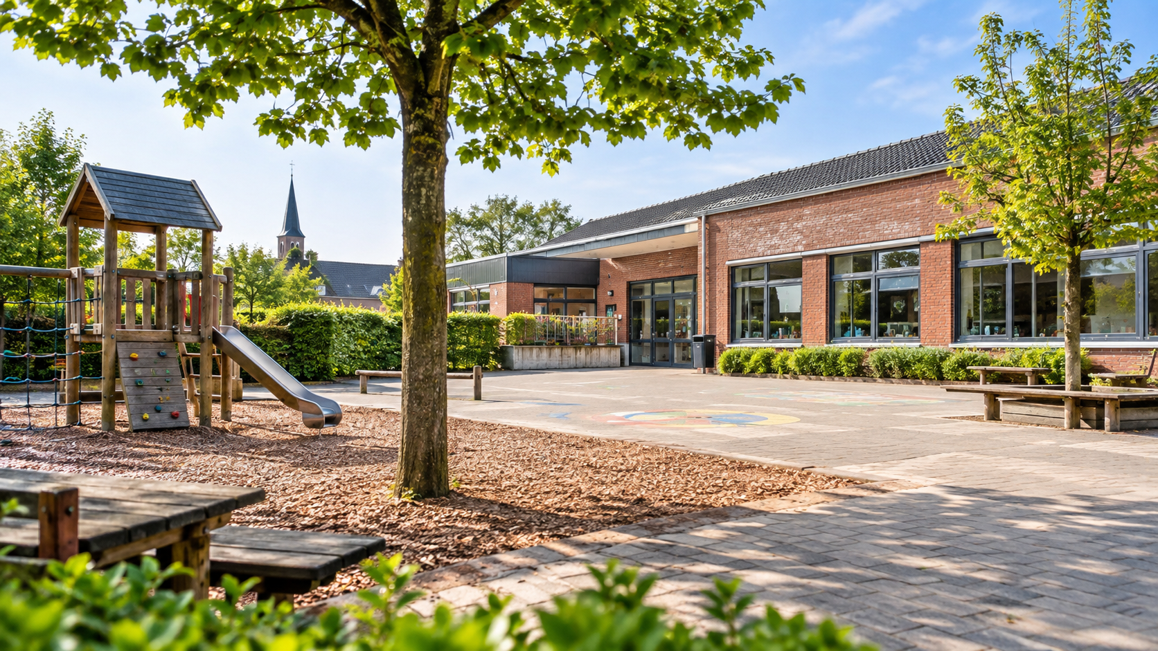 Rustige schoolomgeving in Limburg, zonder herkenbare kinderen